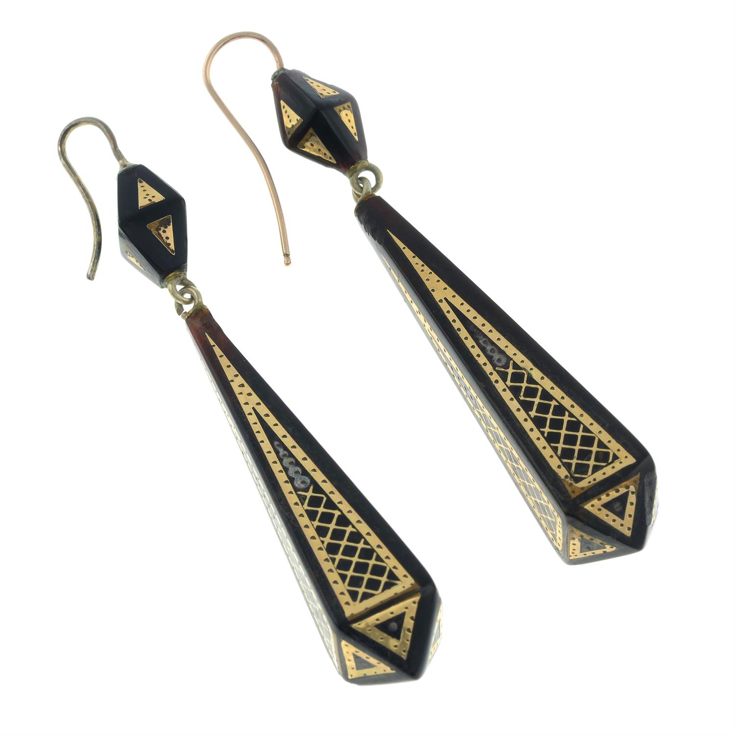 A pair of early 20th century 9ct gold pique tortoise shell drop earrings. - Image 2 of 2