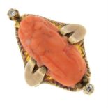 A carved coral cameo and diamond dress ring.