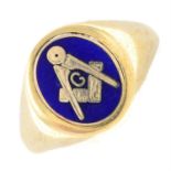 A 9ct gold blue enamel swivel signet ring.