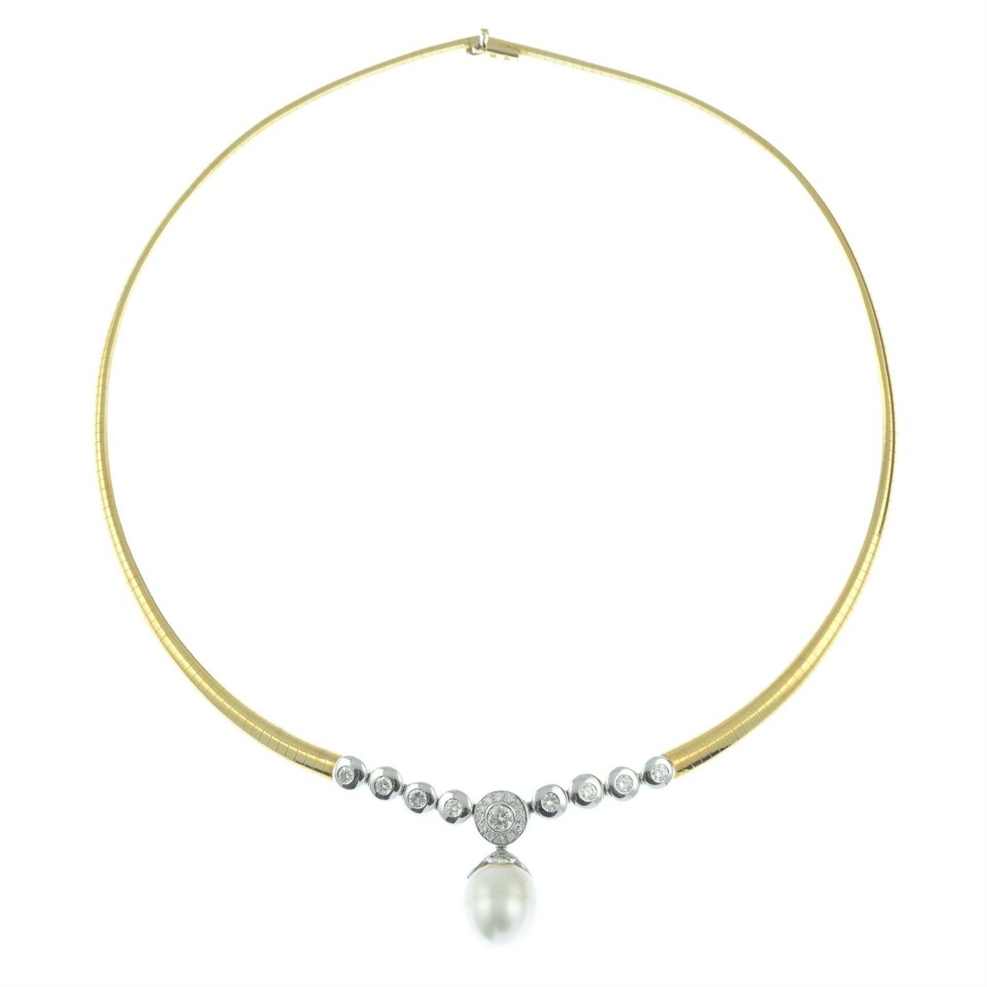 A brilliant-cut diamond bi-colour collar necklace, with cultured pearl and diamond detachable drop.