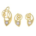 A set of 9ct gold opal jewellery, comprising a pair of earrings and a pendant, by Malcom Gray.