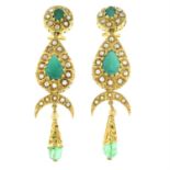 A pair of emerald, green past, colourless gem and cultured pearl drop earrings.