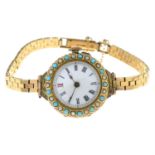 A lady's cocktail watch, with split pearl and turquoise bezel, with 9ct gold strap.