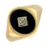 A 9ct gold onyx signet ring, with diamond accent.