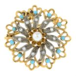 A cultured pearl, turquoise and colourless gem floral brooch.
