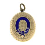 An early 20th century engraved locket pendant, front with enamel buckle and belt motif.