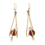 A pair of 9ct gold amber and cultured pearl abstract drop earrings.