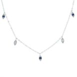 An 18ct gold necklace, with diamond and sapphire drops.