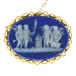 A late 19th century 9ct gold jasperware cameo brooch, depicting cherubs before an altar,