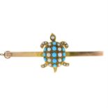 A mid 20th century 9ct gold turquoise and split pearl turtle bar brooch, with safety chain.