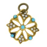 An early 20th century 15ct gold turquoise and split pearl pendant.