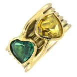 A citrine and green paste double heart dress ring.