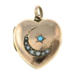 An early 20th century split pearl and turquoise heart-shape locket.