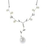 An 18ct gold cultured pearl and diamond necklace.