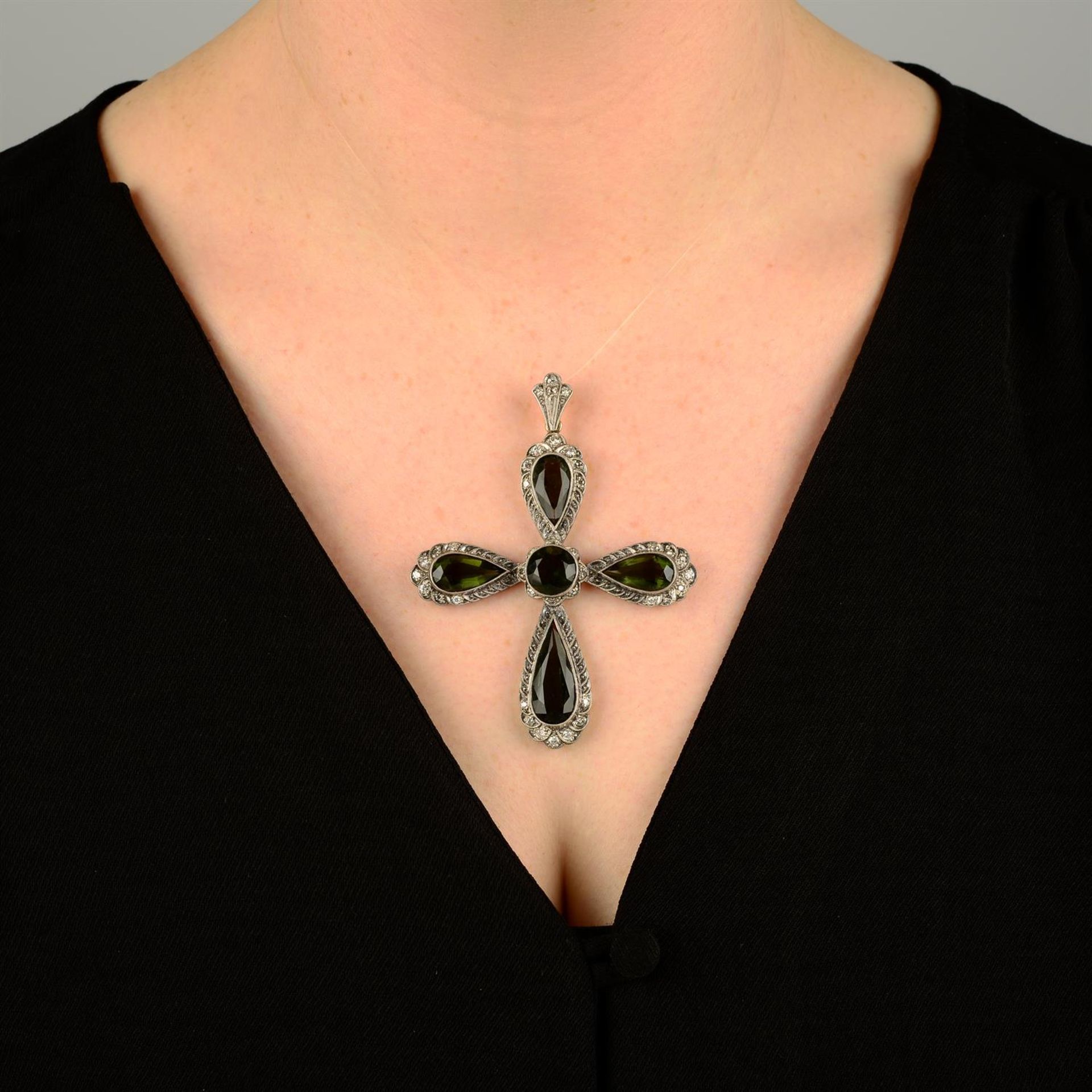 A moldavite and single-cut diamond cross pendant. - Image 4 of 4