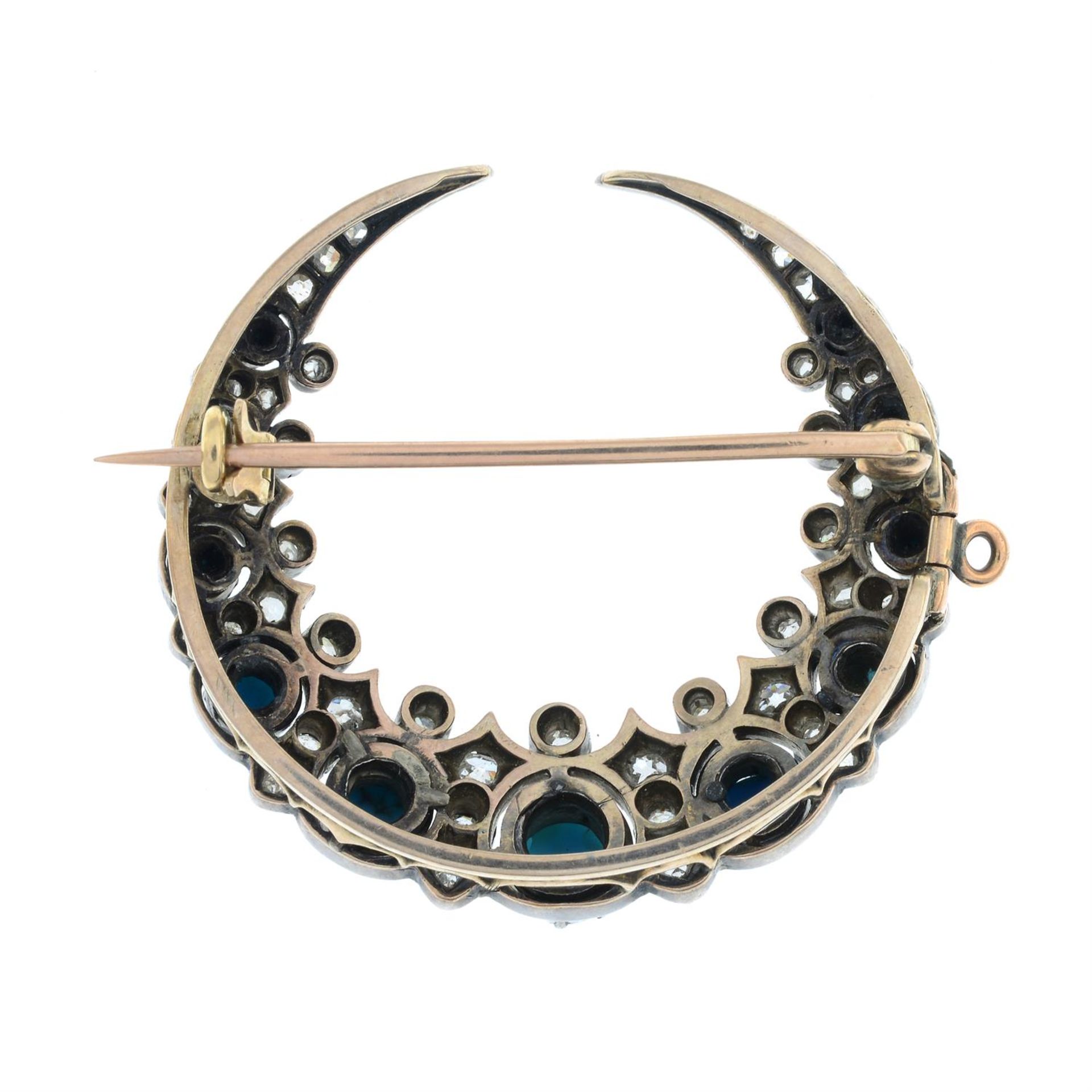 A late 19th century silver and gold, old and rose-cut diamond and turquoise crescent moon brooch. - Image 3 of 4