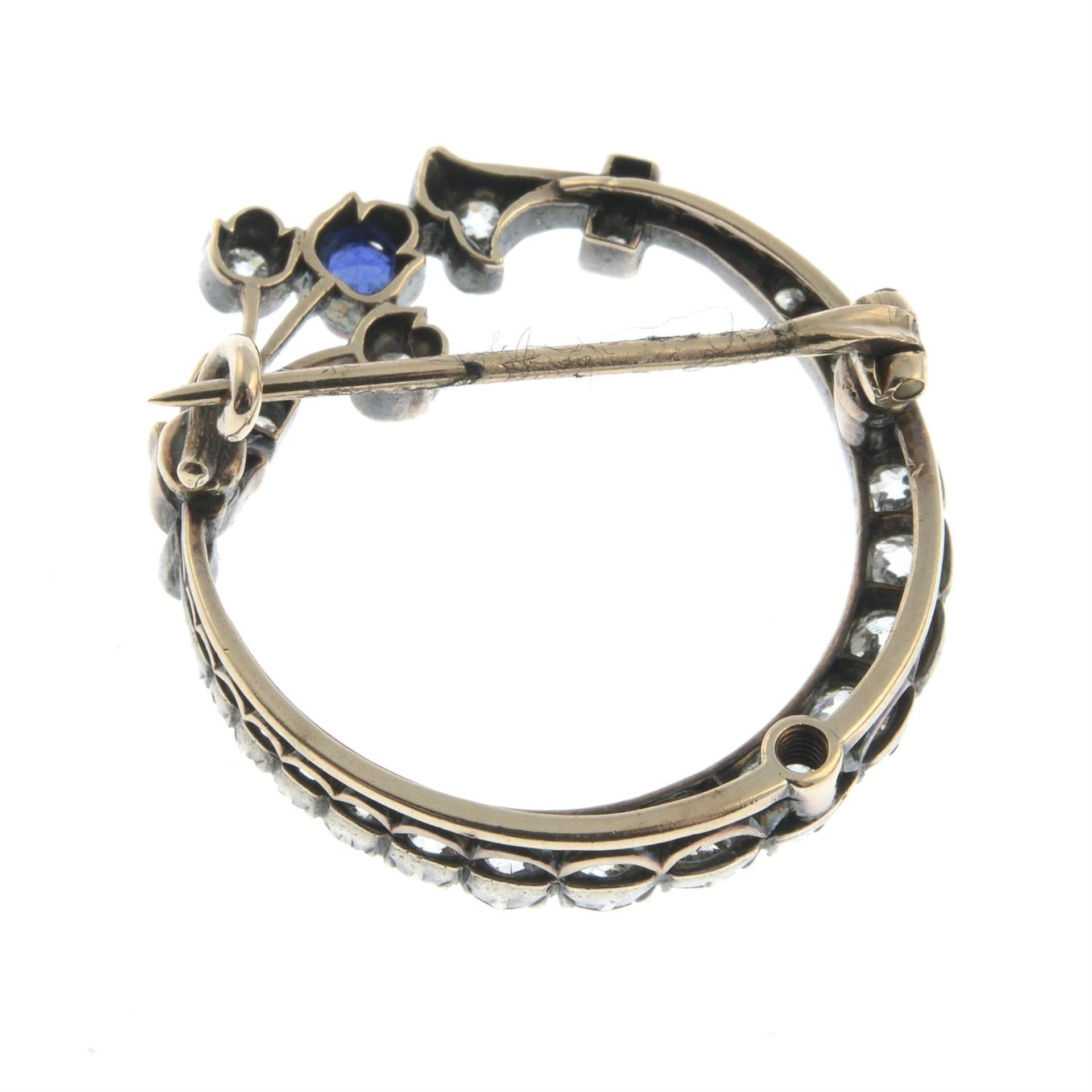 A late 19th century silver and gold, old-cut diamond, sapphire and ruby crescent brooch. - Image 3 of 4