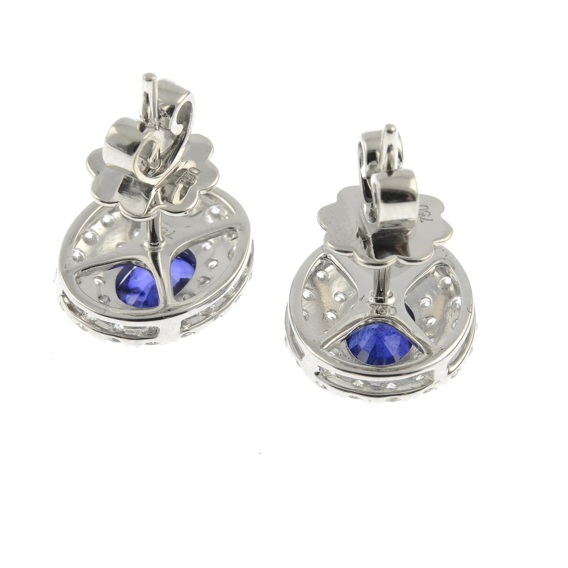 A pair of sapphire and brilliant-cut diamond cluster earrings. - Image 3 of 3