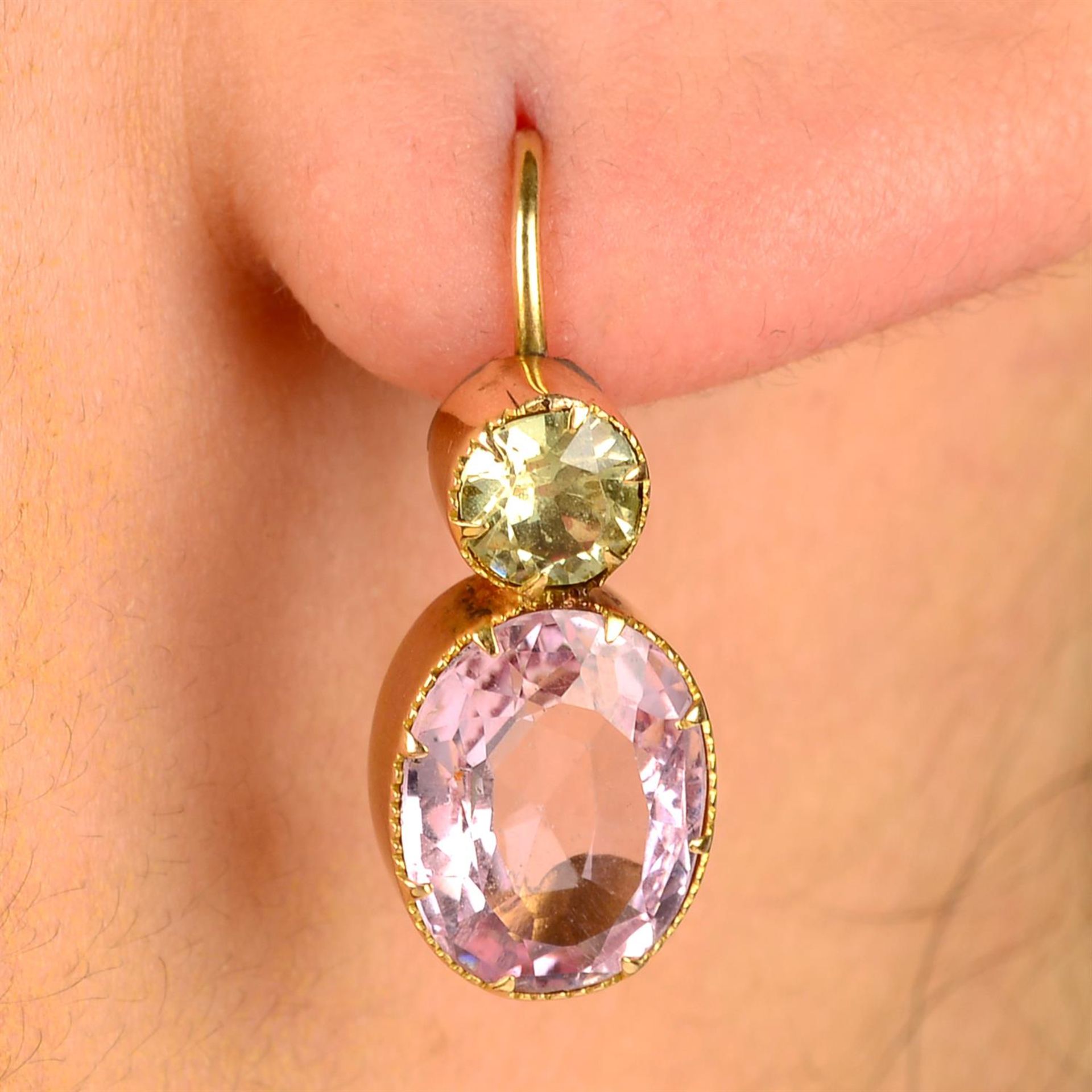 A pair of late 19th century 15ct gold pink topaz and chrysoberyl earrings.