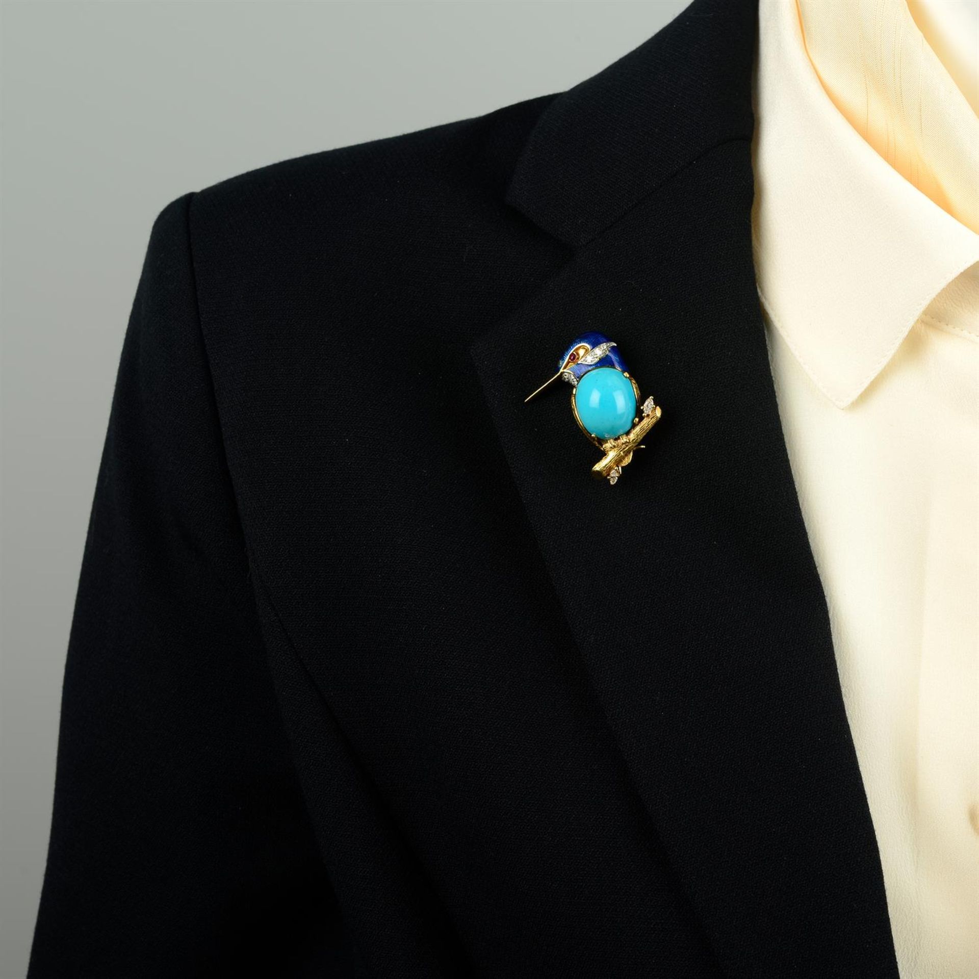 A mid 20th century 18ct gold turquoise, pavé-set diamond and blue enamel kingfisher brooch, - Image 4 of 4