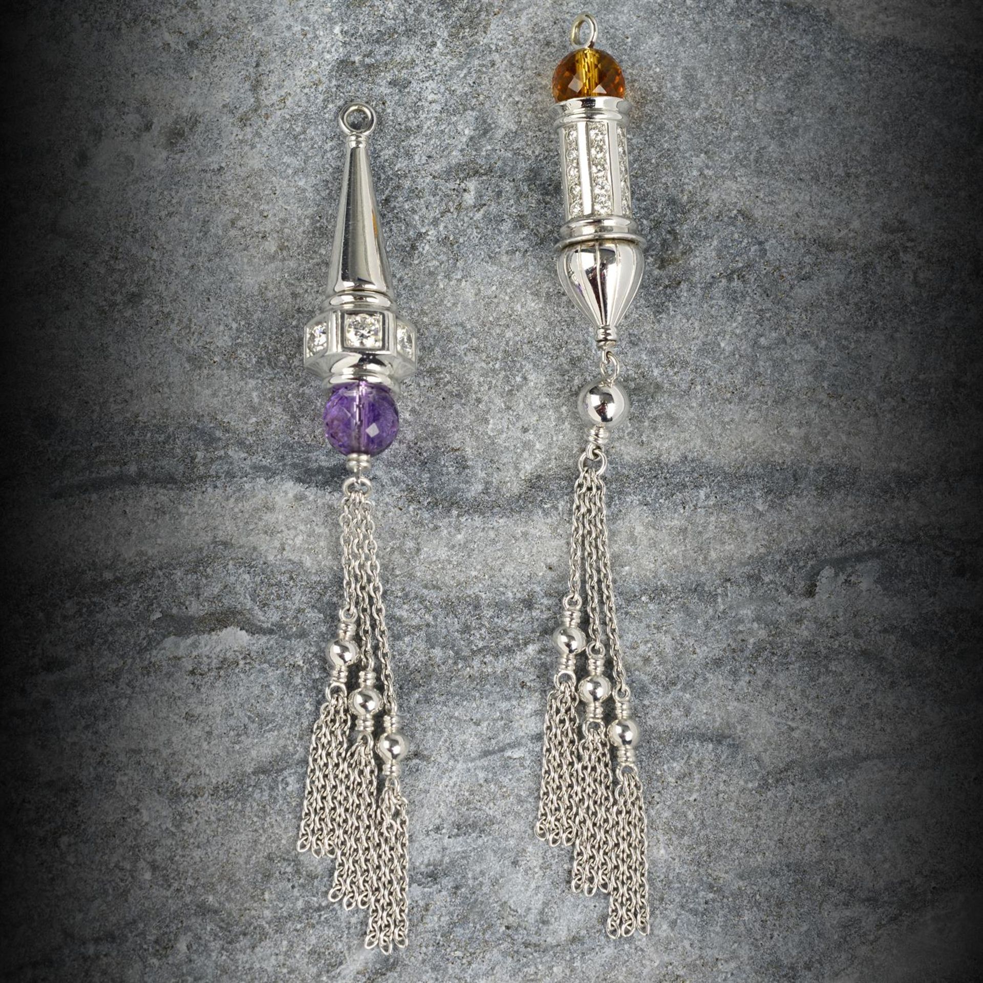 An amethyst and diamond tassel pendant, together with a citrine and diamond tassel pendant.