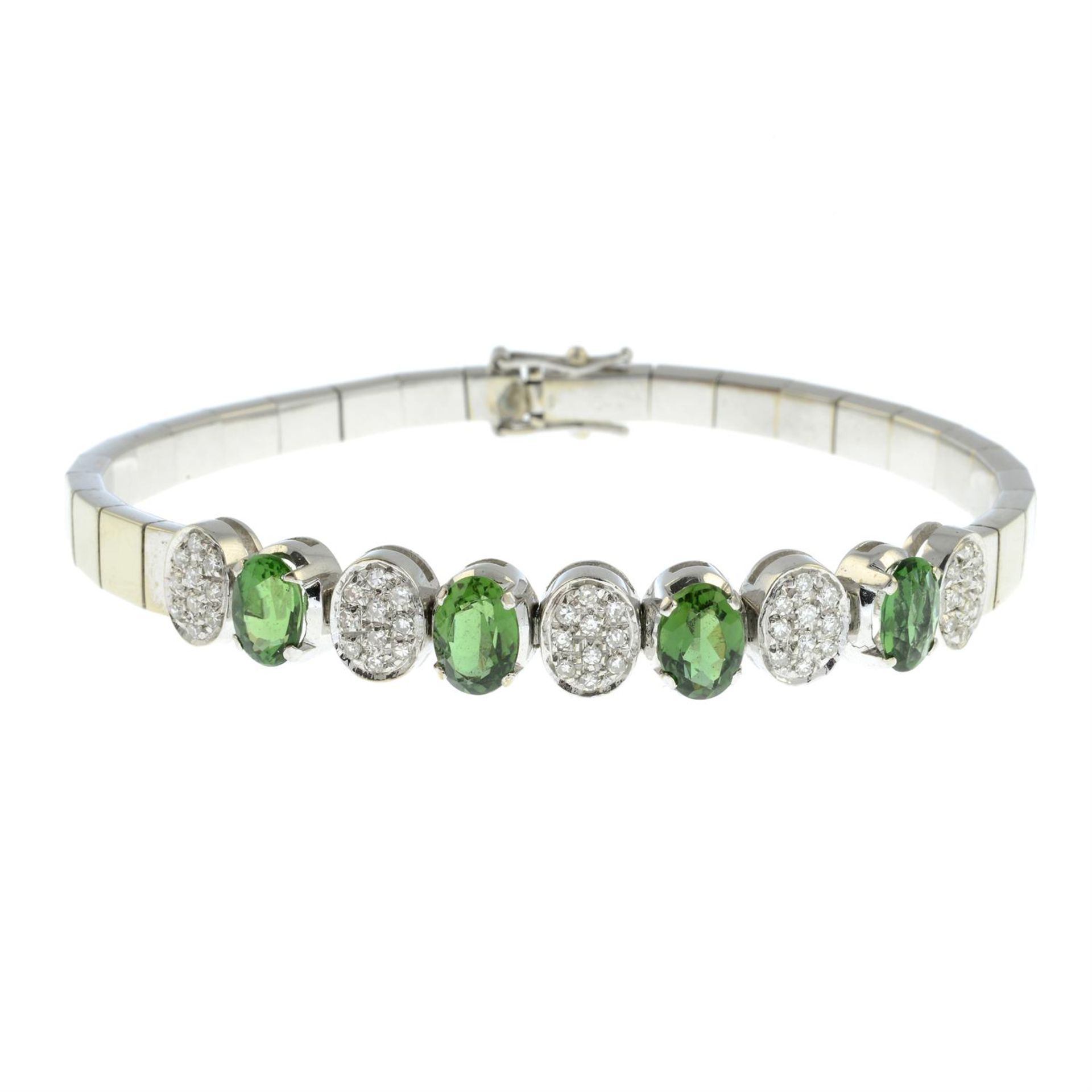 A 1970s 18ct gold green garnet and pavé-set diamond bracelet. - Image 2 of 3