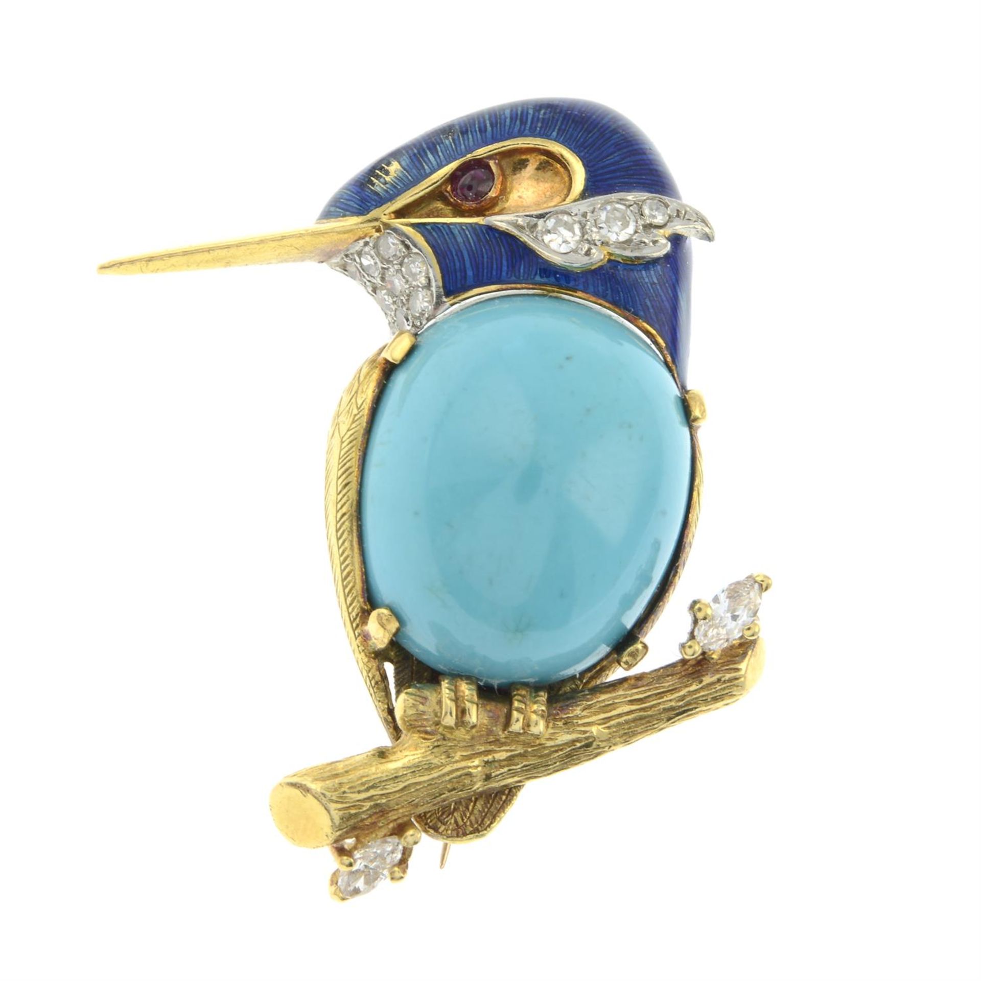 A mid 20th century 18ct gold turquoise, pavé-set diamond and blue enamel kingfisher brooch, - Image 2 of 4