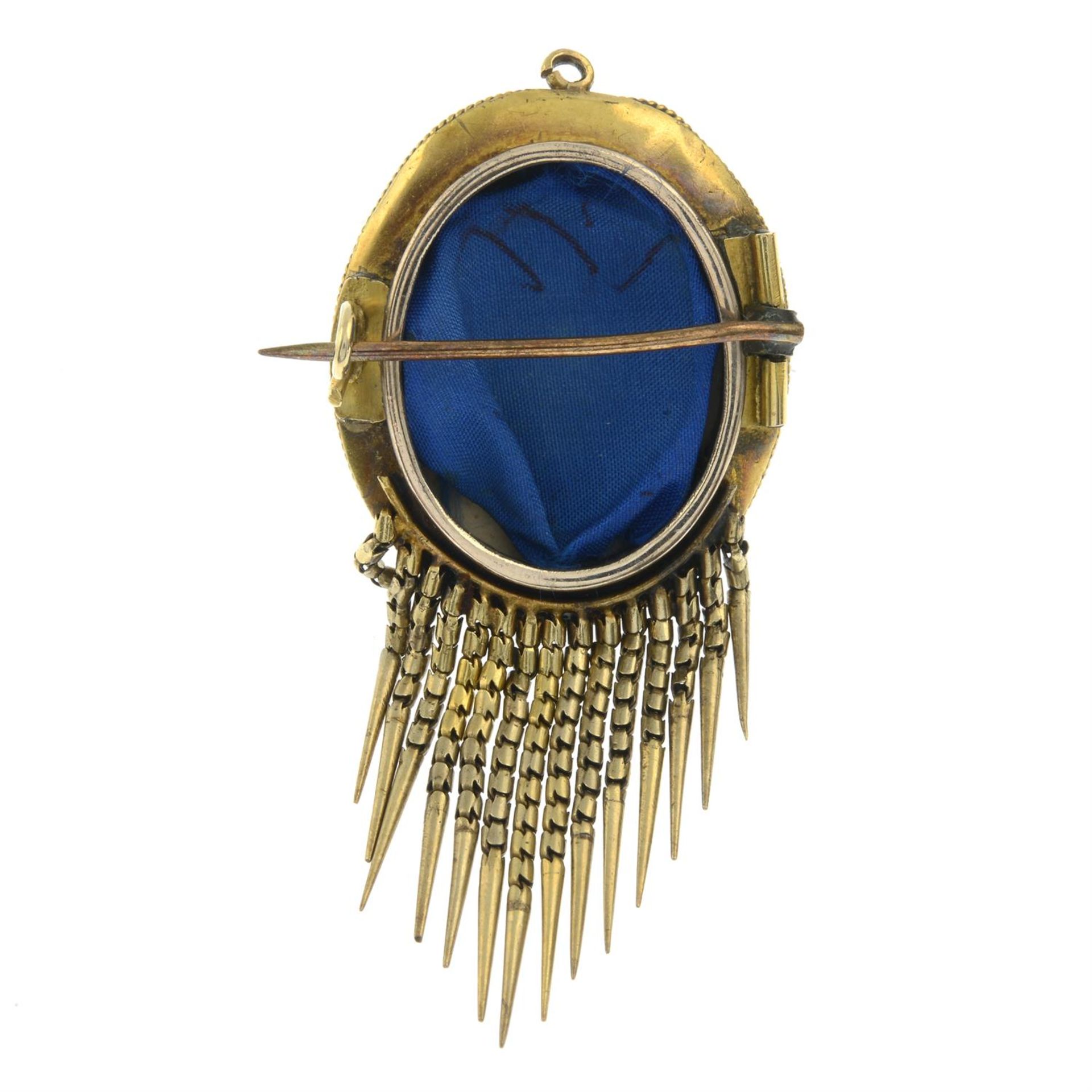 A late 19th century gold coral, split pearl and enamel brooch, with tassel. - Image 3 of 4