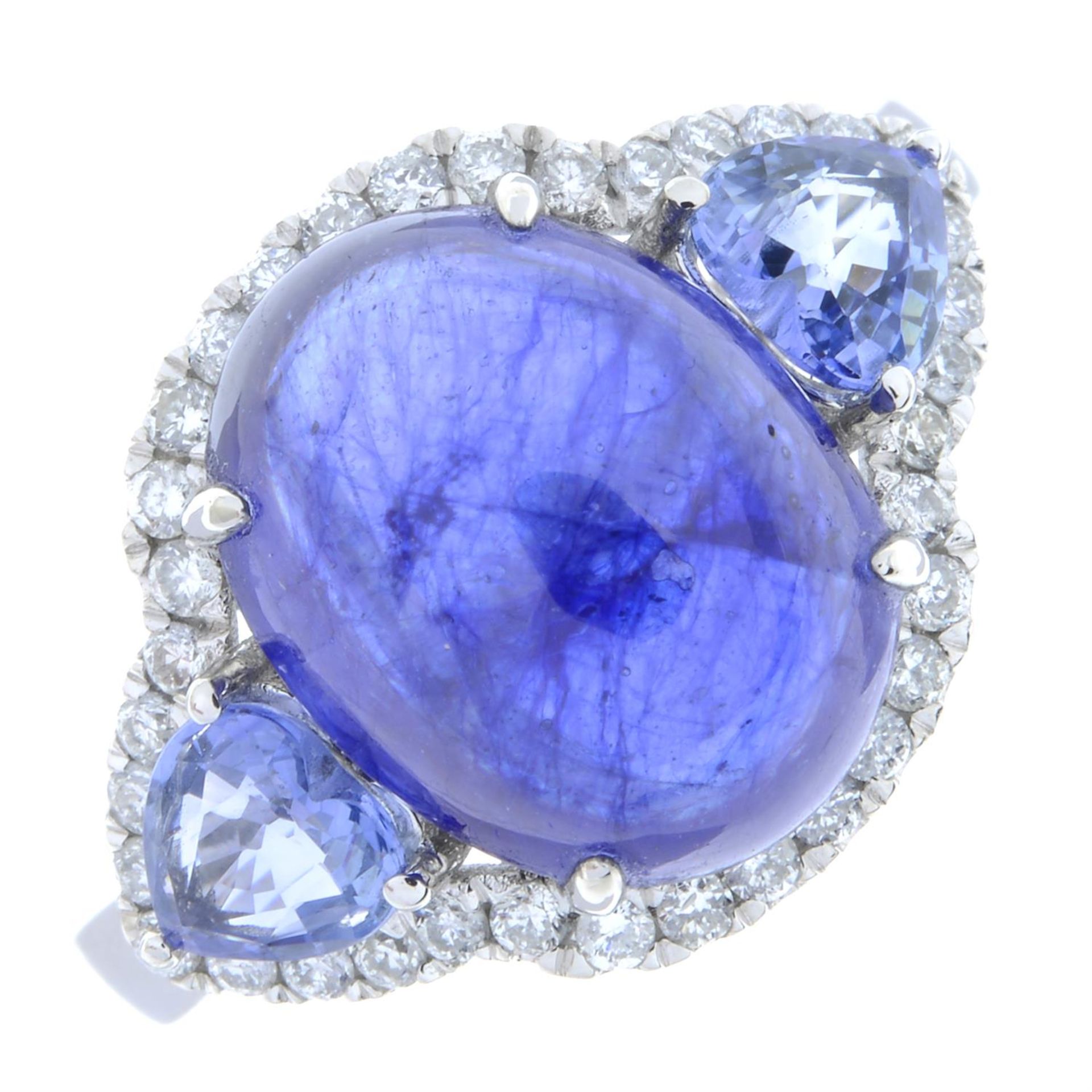 A glass-filled sapphire cabochon, heart-shape sapphire and brilliant-cut diamond dress ring. - Image 2 of 5