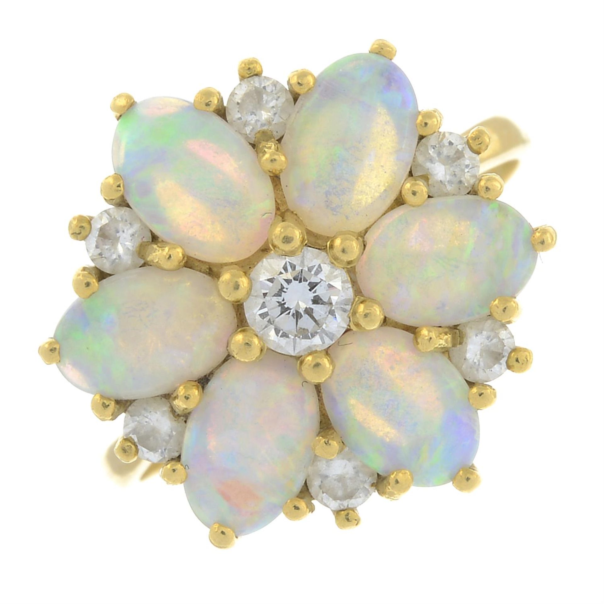 An 18ct gold opal and brilliant-cut diamond floral cluster ring, by Cropp & Farr. - Image 2 of 5