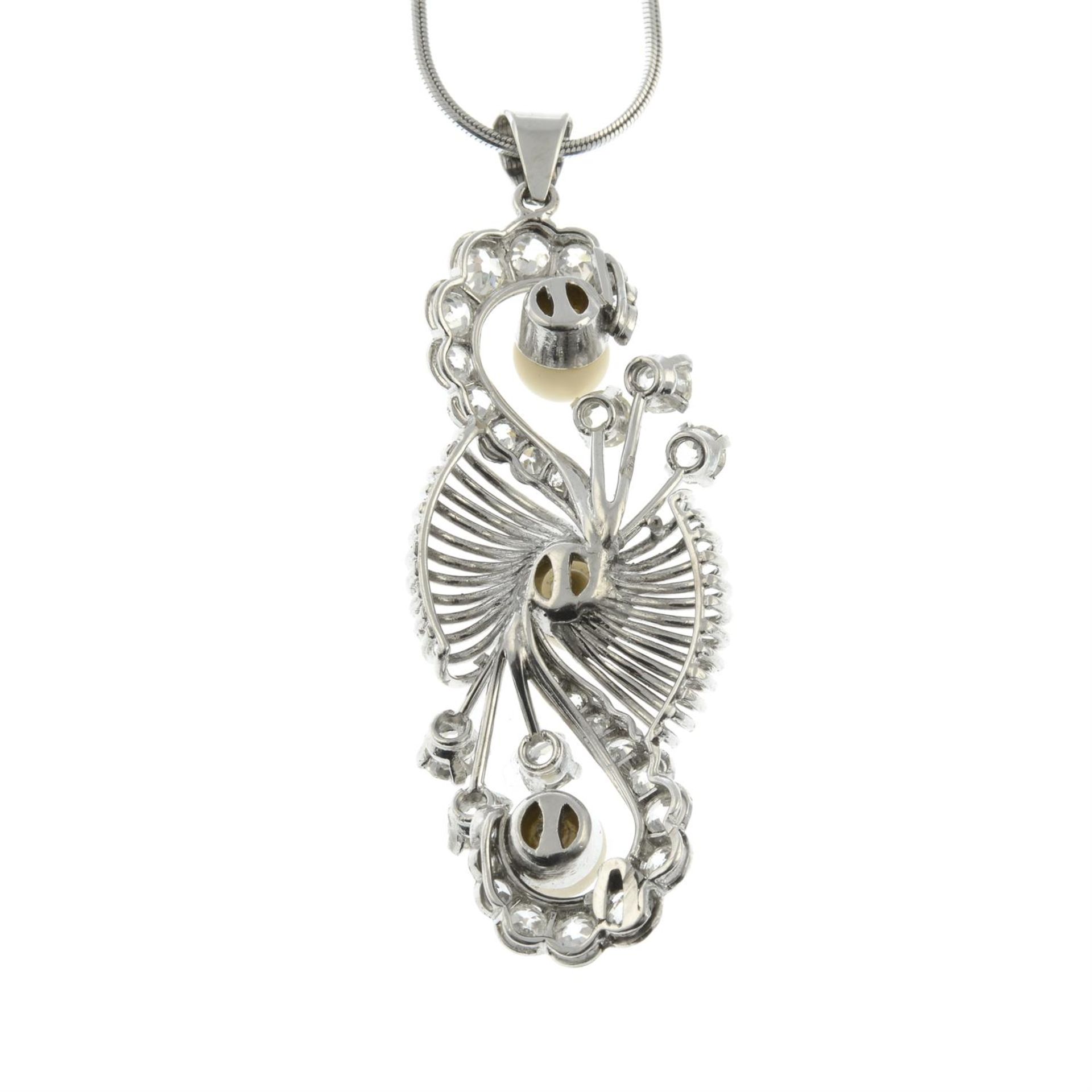 A mid 20th century cultured pearl and old-cut diamond pendant, with later chain. - Image 3 of 5