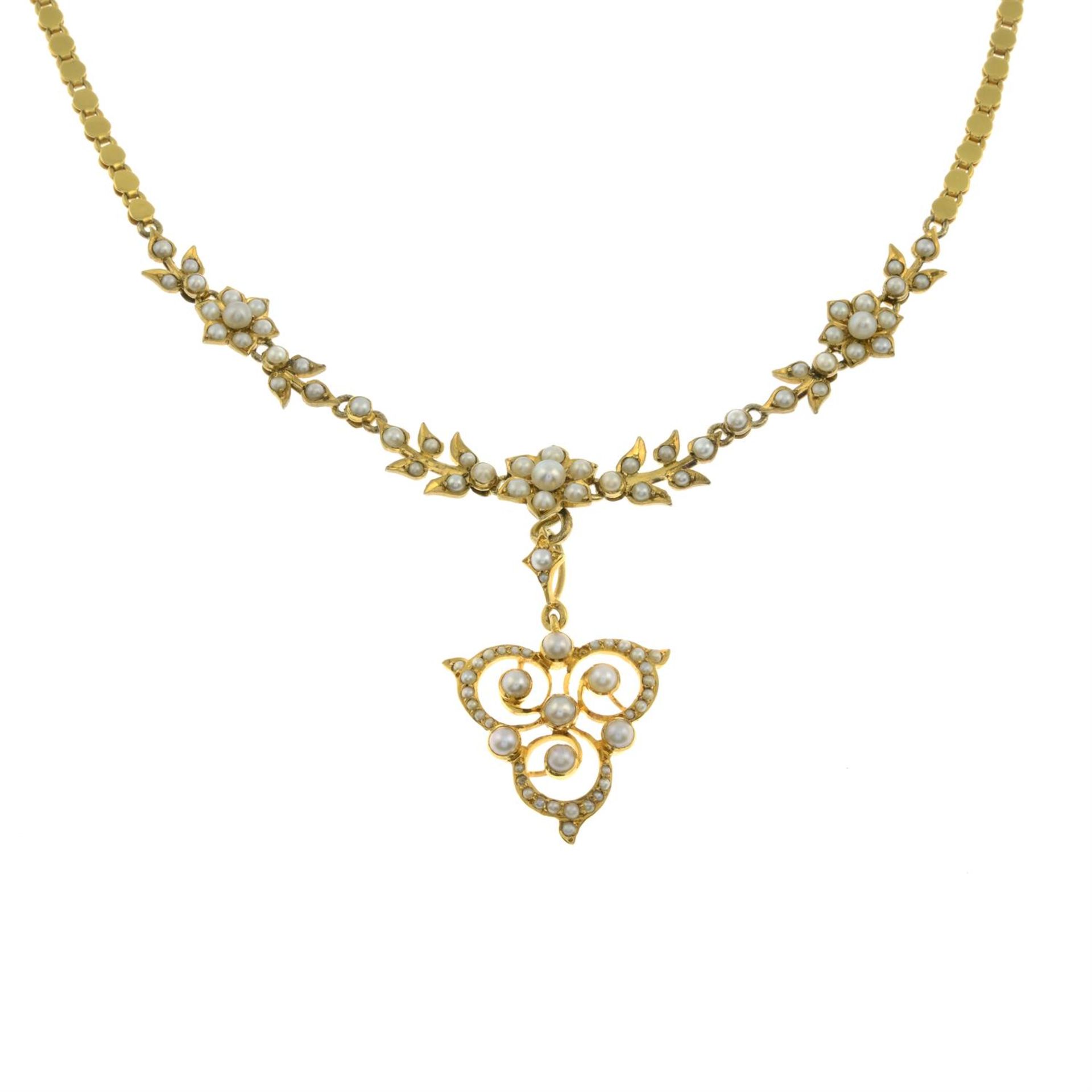 A composite early 20th century gold split pearl necklace, with detachable pendant. - Image 2 of 5