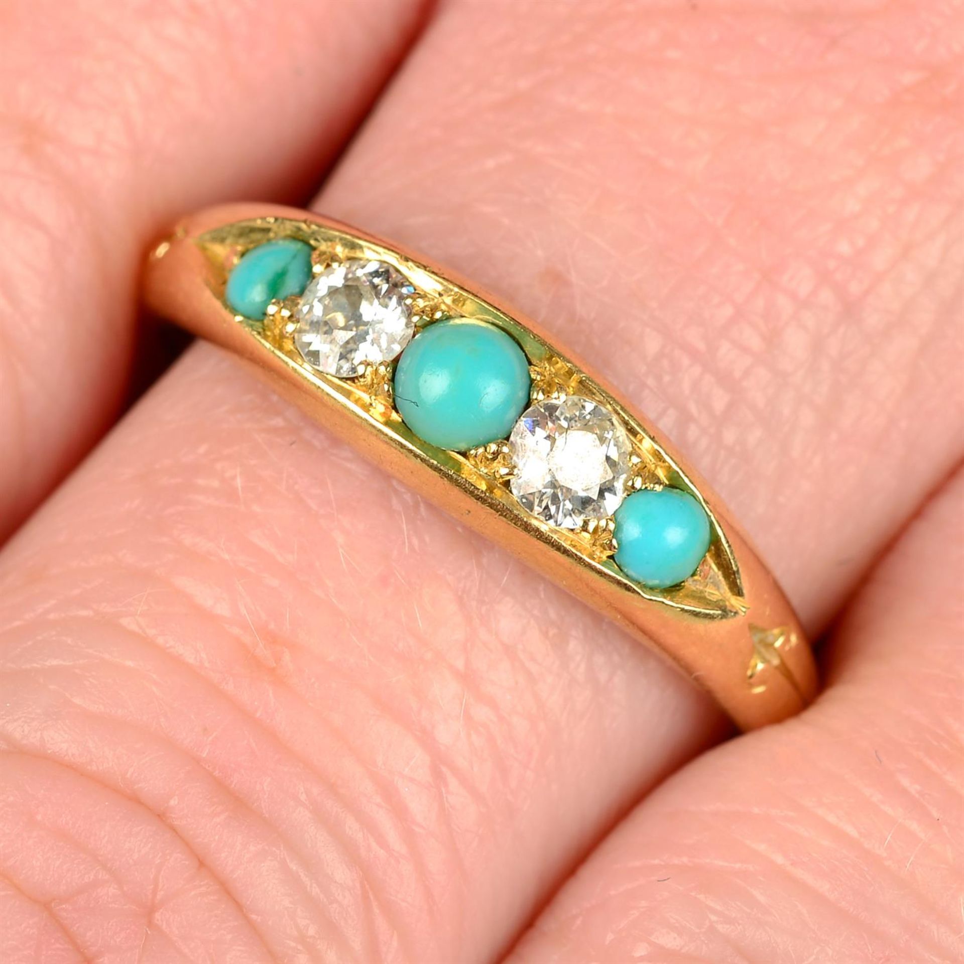 A late Victorian 18ct gold turquoise and old-cut diamond five-stone ring.