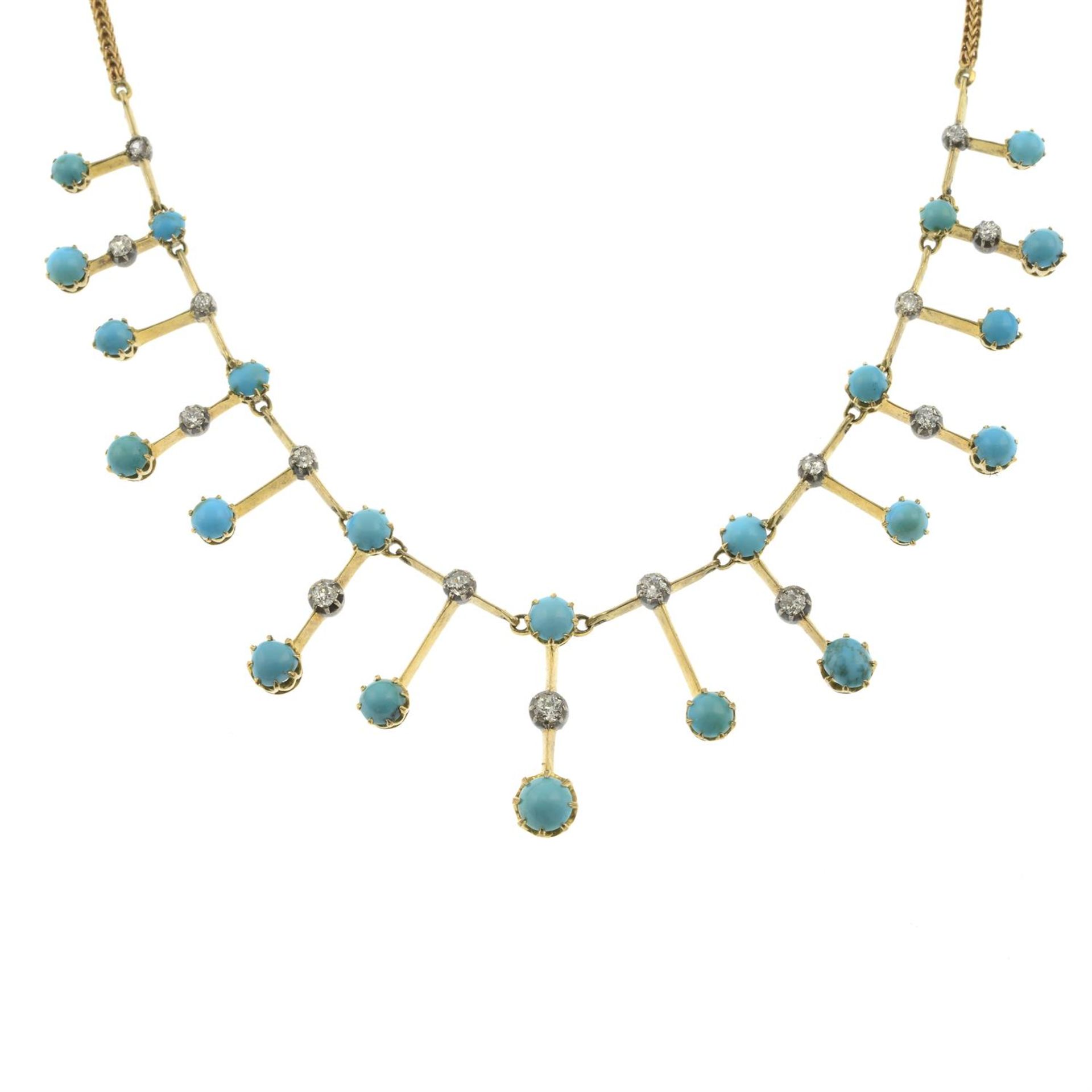 A late 19th century 14ct gold turquoise and old-cut diamond fringe necklace. - Image 2 of 5