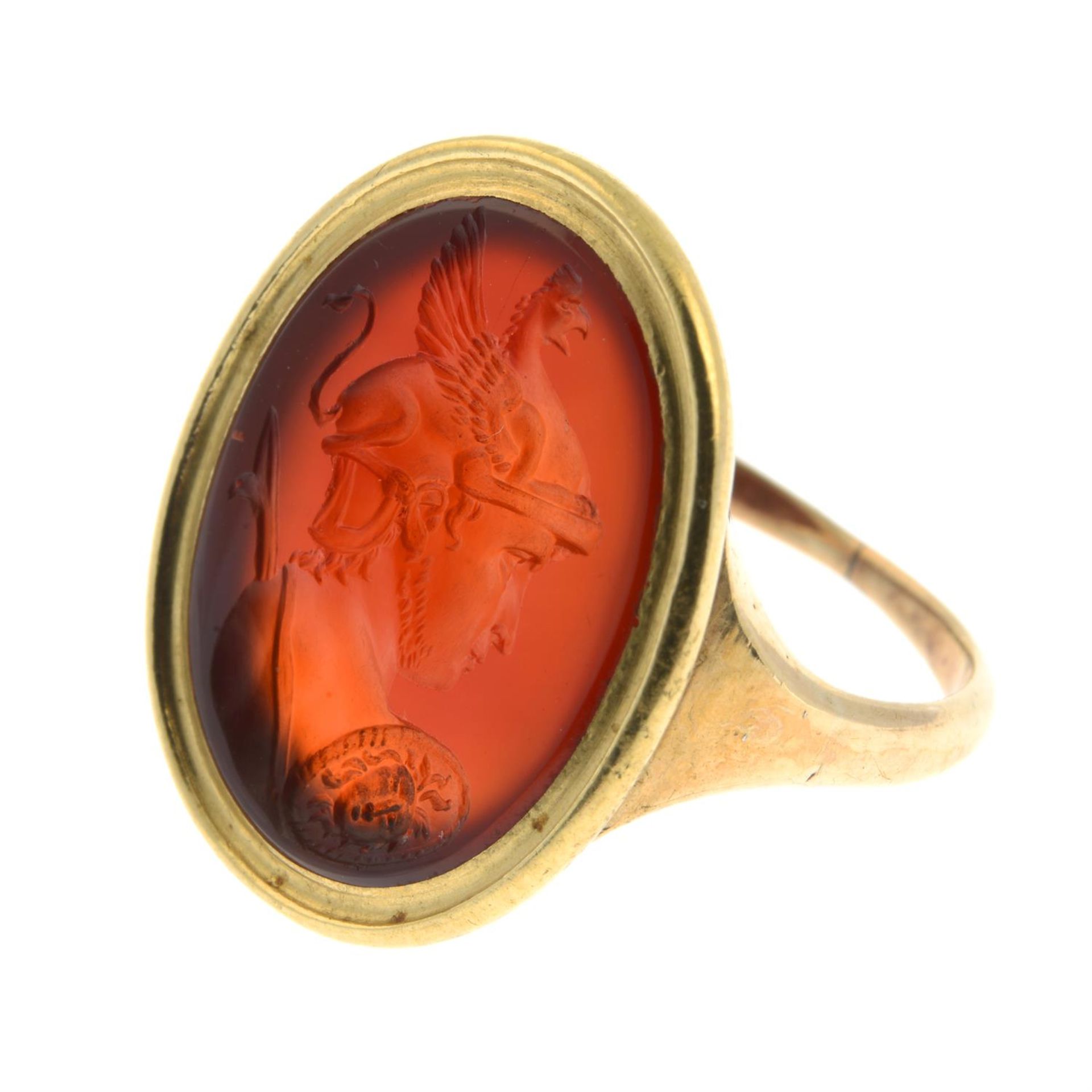 A 19th century gold carnelian intaglio ring, carved to depict Achilles. - Image 5 of 6