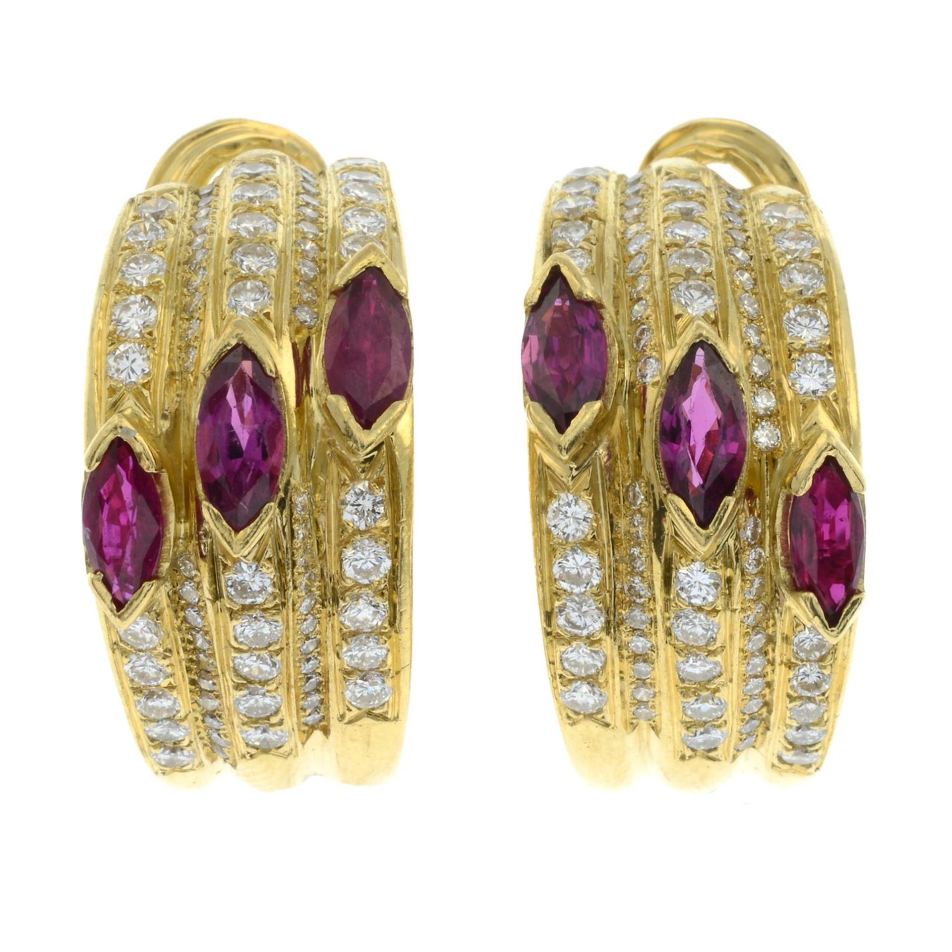 A pair of ruby and brilliant-cut diamond hoop earrings. - Image 2 of 3