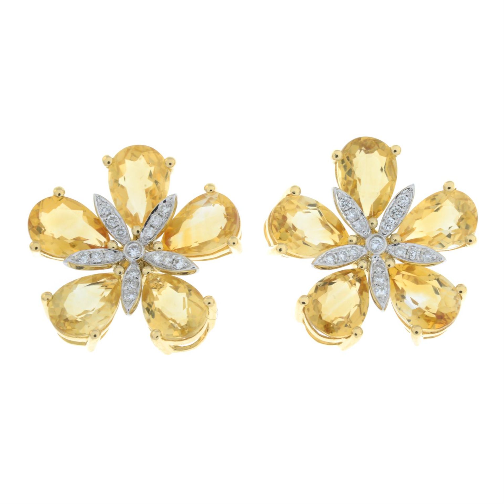 A pair of citrine and brilliant-cut diamond floral earrings. - Image 2 of 4