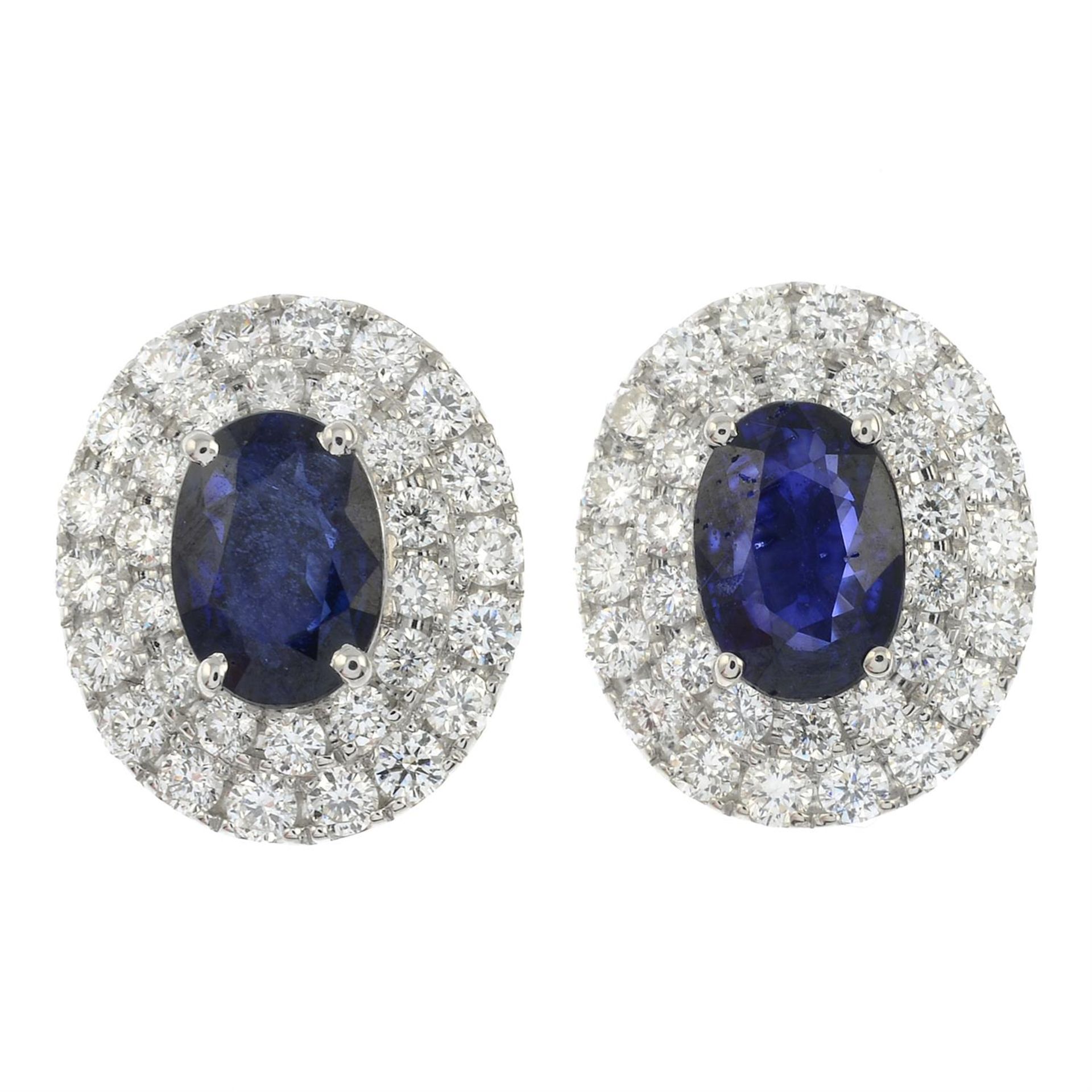 A pair of sapphire and brilliant-cut diamond cluster earrings. - Image 2 of 3