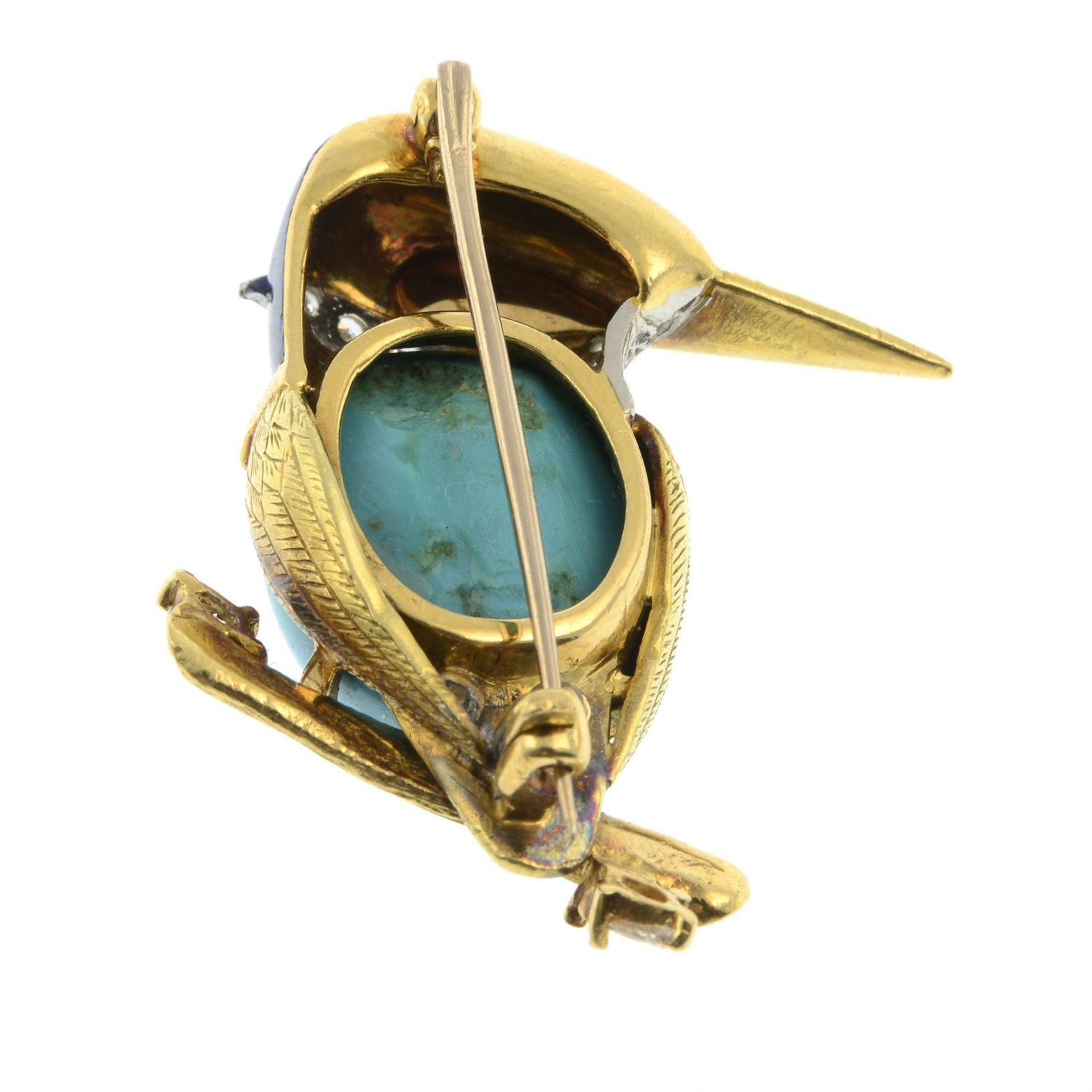 A mid 20th century 18ct gold turquoise, pavé-set diamond and blue enamel kingfisher brooch, - Image 3 of 4