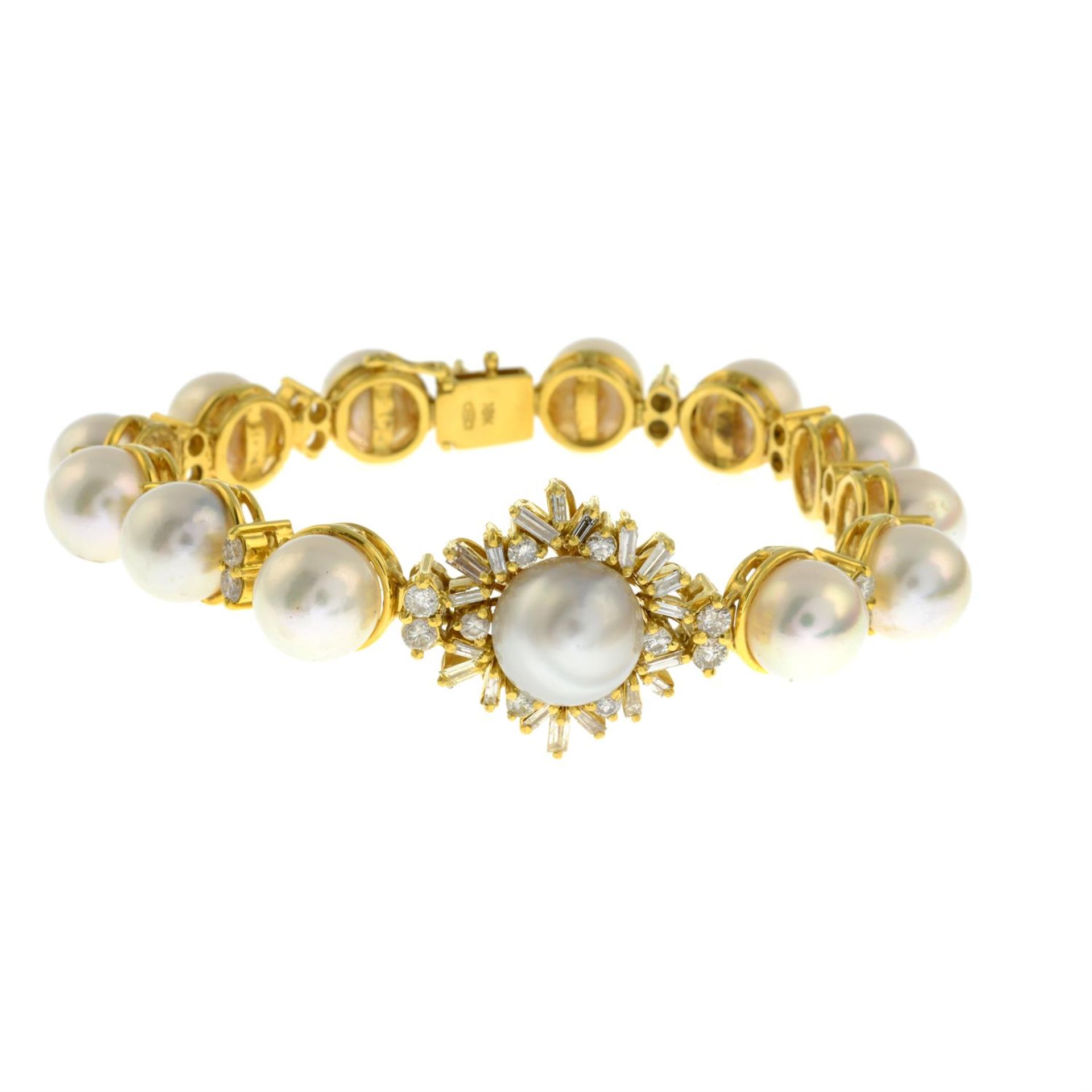 A cultured pearl and vari-cut diamond bracelet. - Image 2 of 4