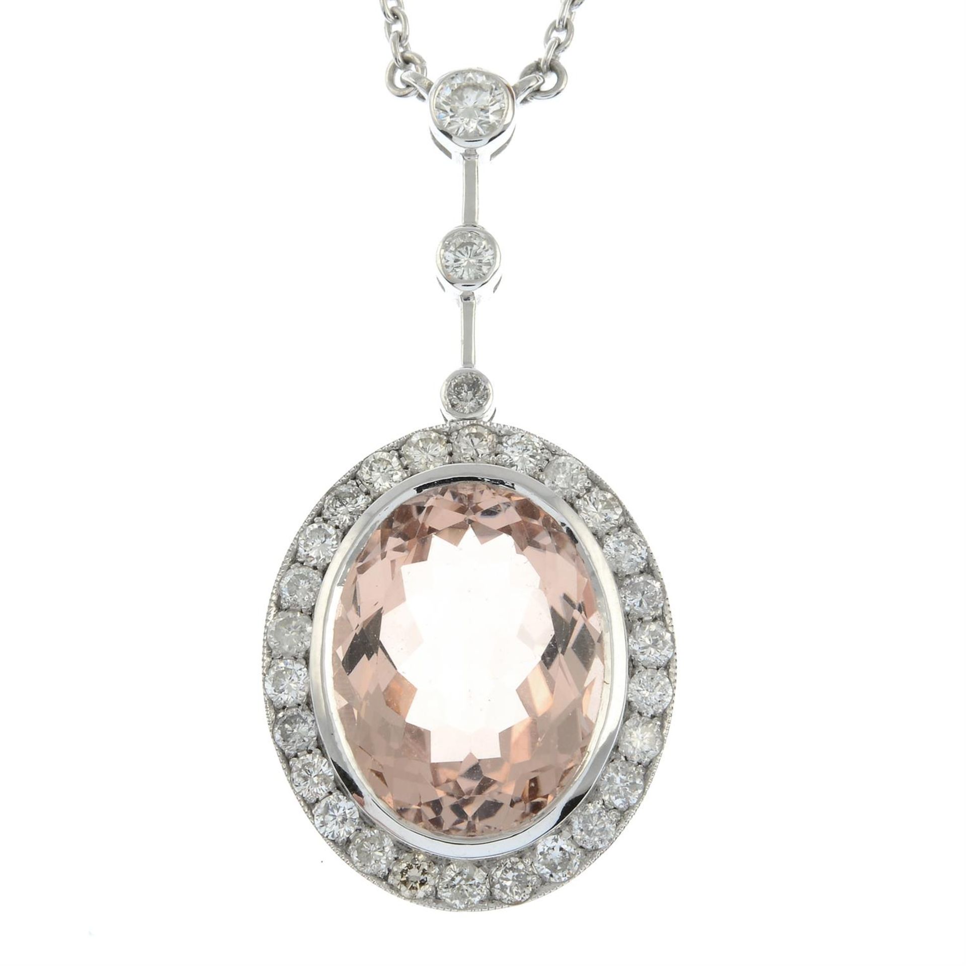 A morganite and diamond cluster pendant, on chain. - Image 2 of 5