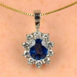 A sapphire and brilliant-cut diamond cluster pendant, with 14ct gold box-link chain.