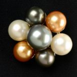 A vari-hue cultured pearl brooch, with three vari-hue cultured pearl and colourless gem drop