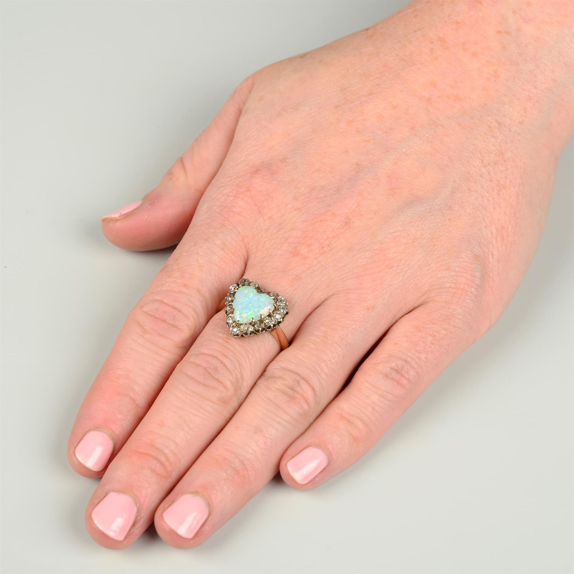 A mid 20th century platinum and 18ct gold heart-shape opal and old-cut diamond cluster ring. - Image 5 of 5