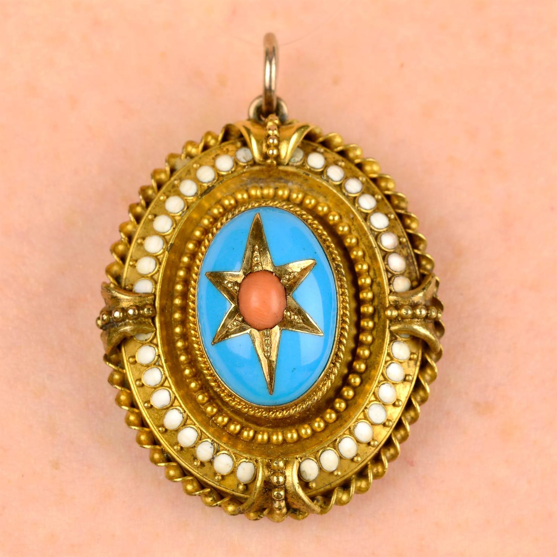 A late Victorian gold, coral and enamel locket.