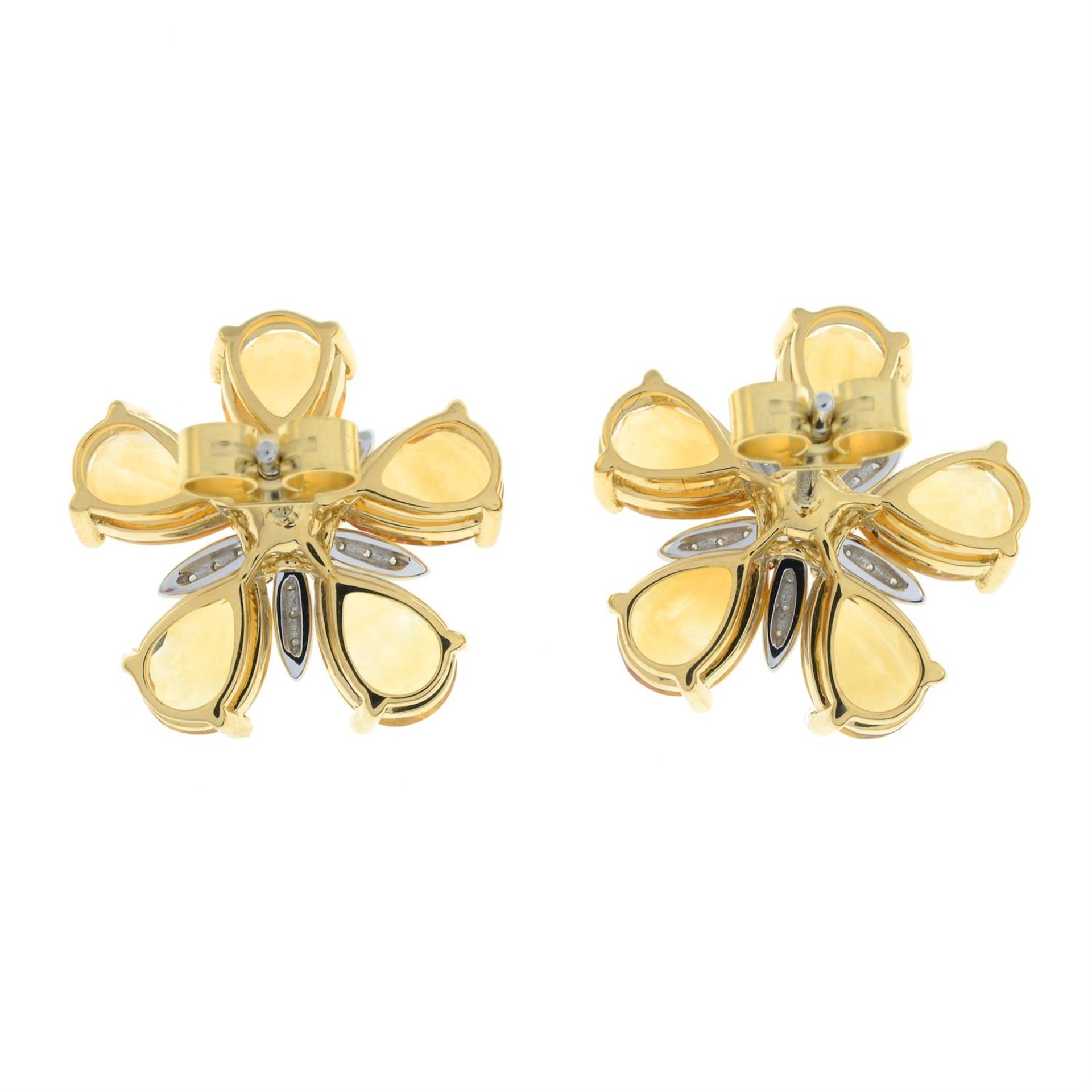 A pair of citrine and brilliant-cut diamond floral earrings. - Image 3 of 4