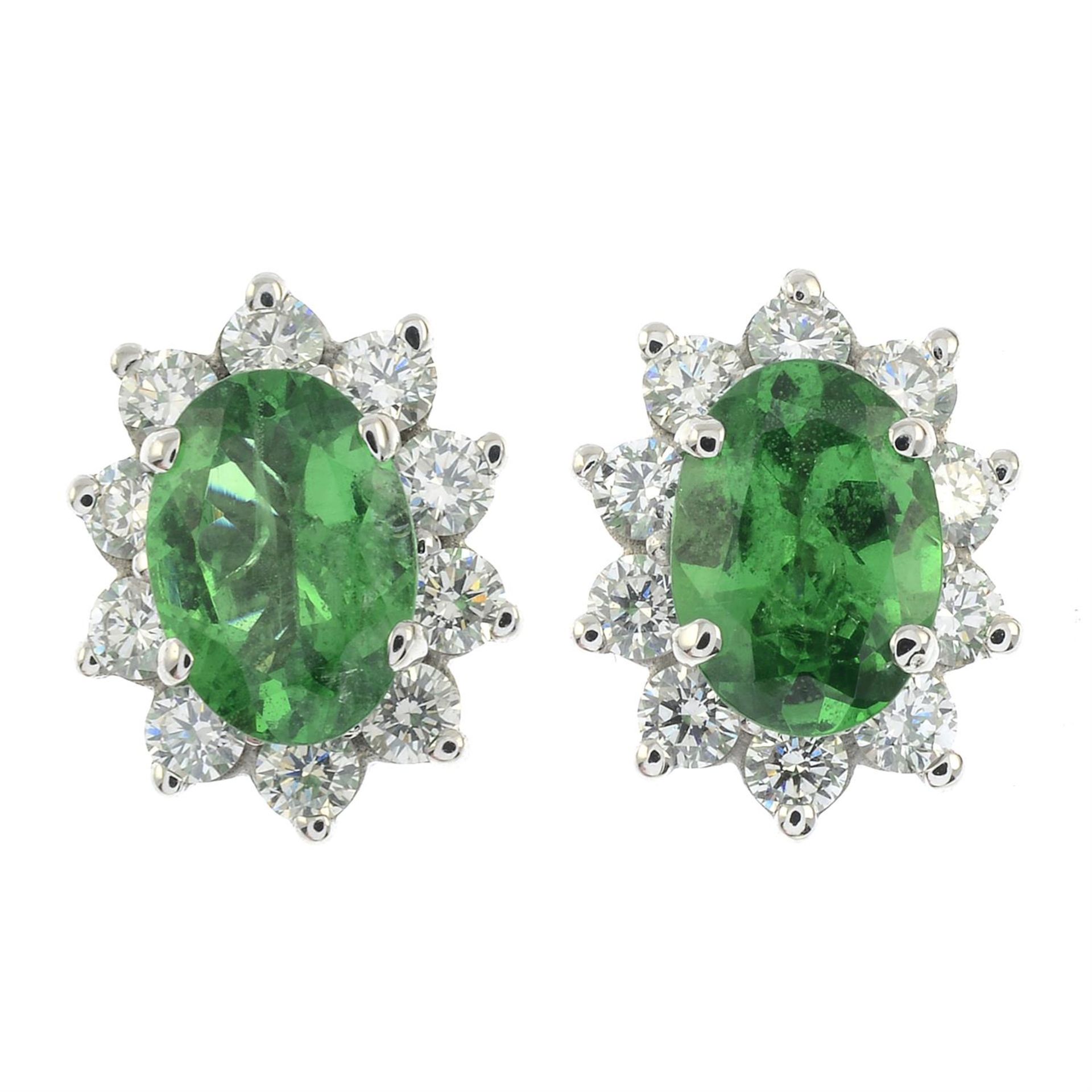 A pair of green garnet and brilliant-cut diamond cluster earrings. - Image 2 of 3