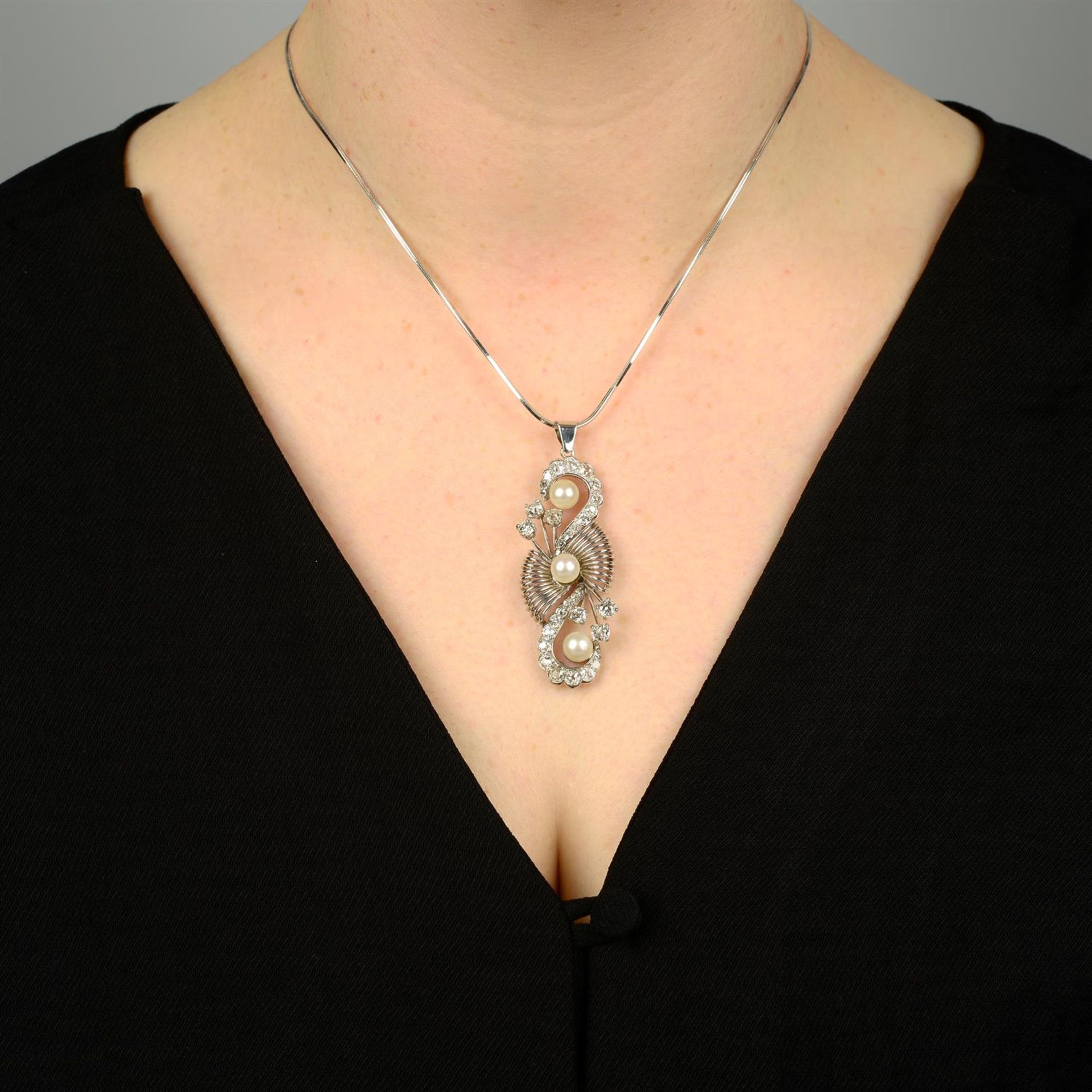 A mid 20th century cultured pearl and old-cut diamond pendant, with later chain. - Image 5 of 5