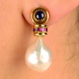 A pair of 18ct gold sapphire, calibre-cut ruby and baroque cultured pearl earrings,