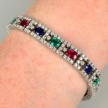 A sapphire, emerald, ruby and diamond bracelet.